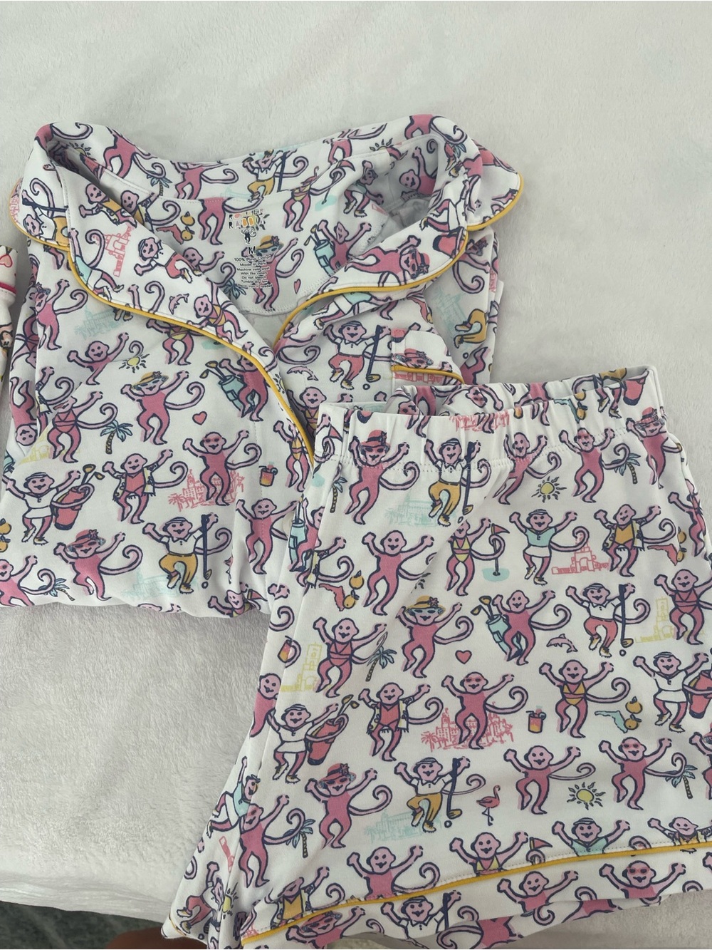 Roller Rabbit Pink Monkey Print Kids Pajama Set with Yellow Trim